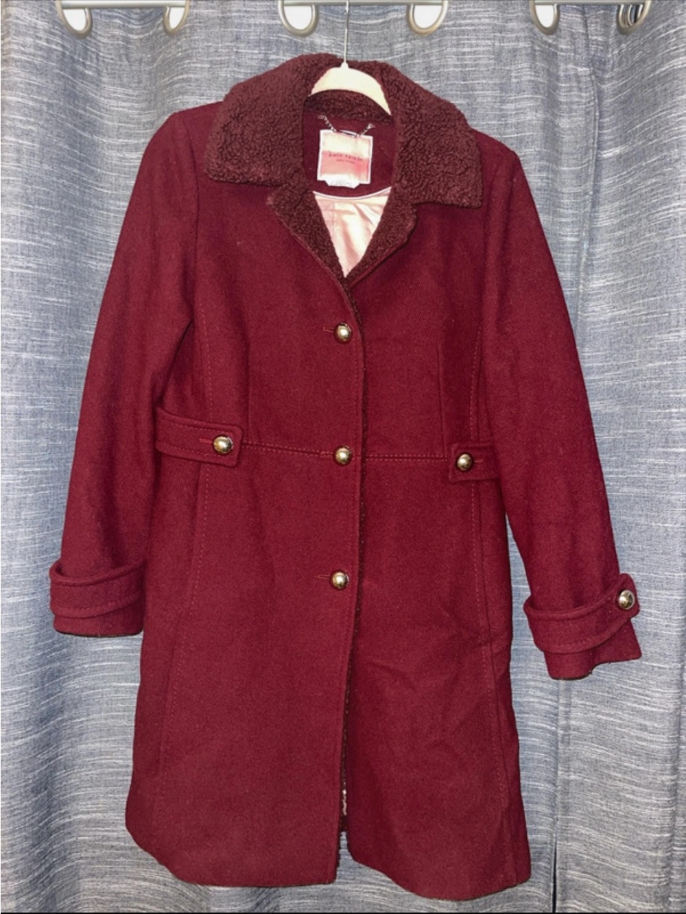 kate spade Burgundy Wool-Blend Pea Coat with Faux-Shearling Collar